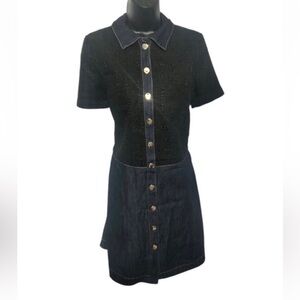 Ellen Tracy (Large) Black and Blue Boucle Gold Snap Button Casual Mini Dress